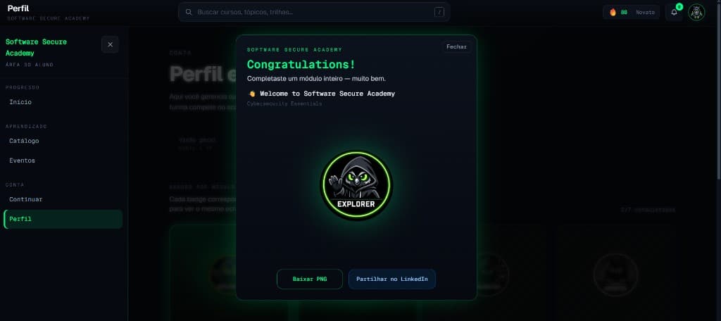 Conquista de badge com opção de partilha
