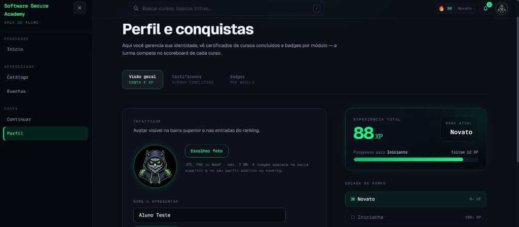 Perfil com XP e progresso do aluno